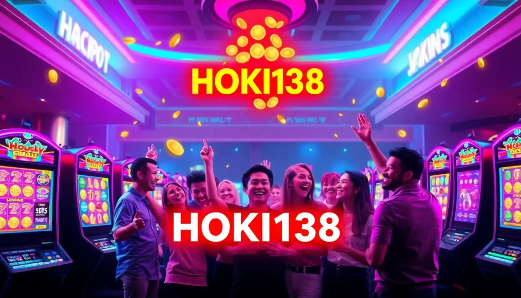 Exciting atmosphere at HOKI138 slot gaming platform with vibrant lights and happy players celebrating wins.