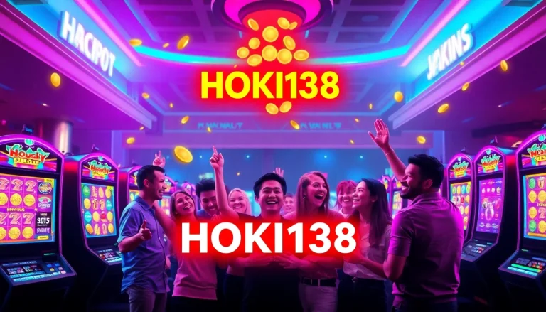 Exciting atmosphere at HOKI138 slot gaming platform with vibrant lights and happy players celebrating wins.