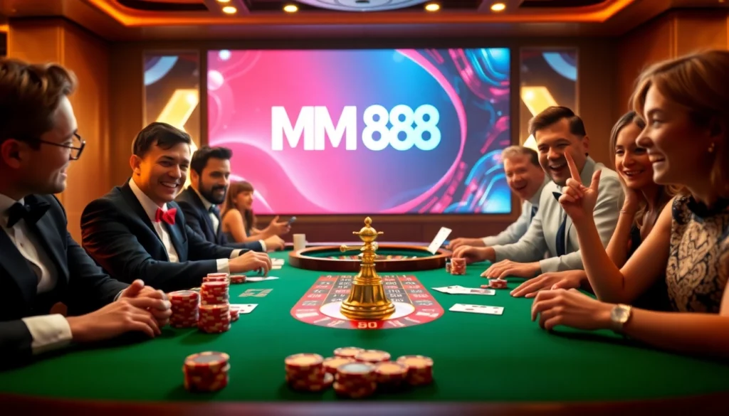 Engaged players enjoy their time at the MM 88 casino table, surrounded by poker chips and cards.