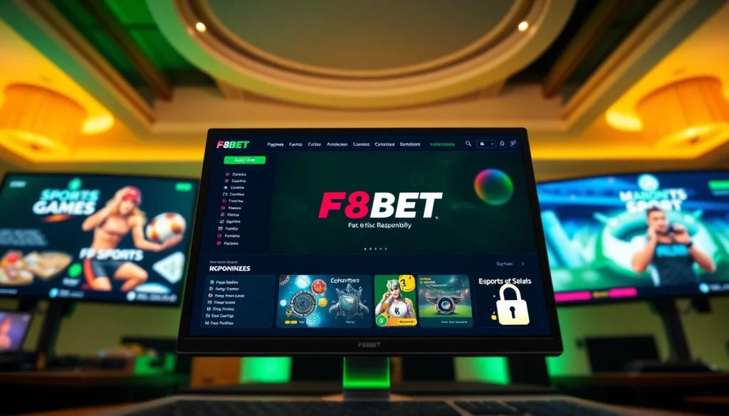 Interactive view of F8BET online gambling platform featuring sports and casino games.