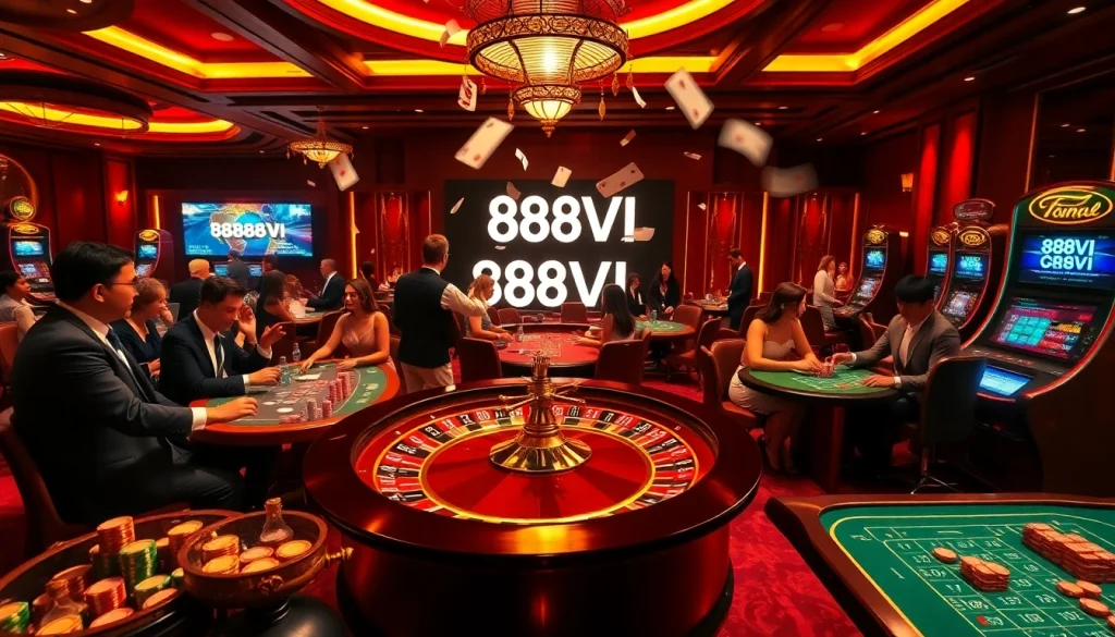 Exciting casino atmosphere featuring 888VI poker chips and roulette wheel with players engaged in high-stakes gaming.