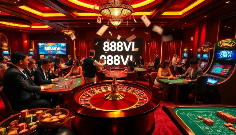 Exciting casino atmosphere featuring 888VI poker chips and roulette wheel with players engaged in high-stakes gaming.