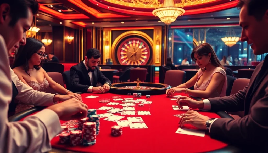KJC players engage at an elite poker table, showcasing excitement and luxury in the casino ambiance.