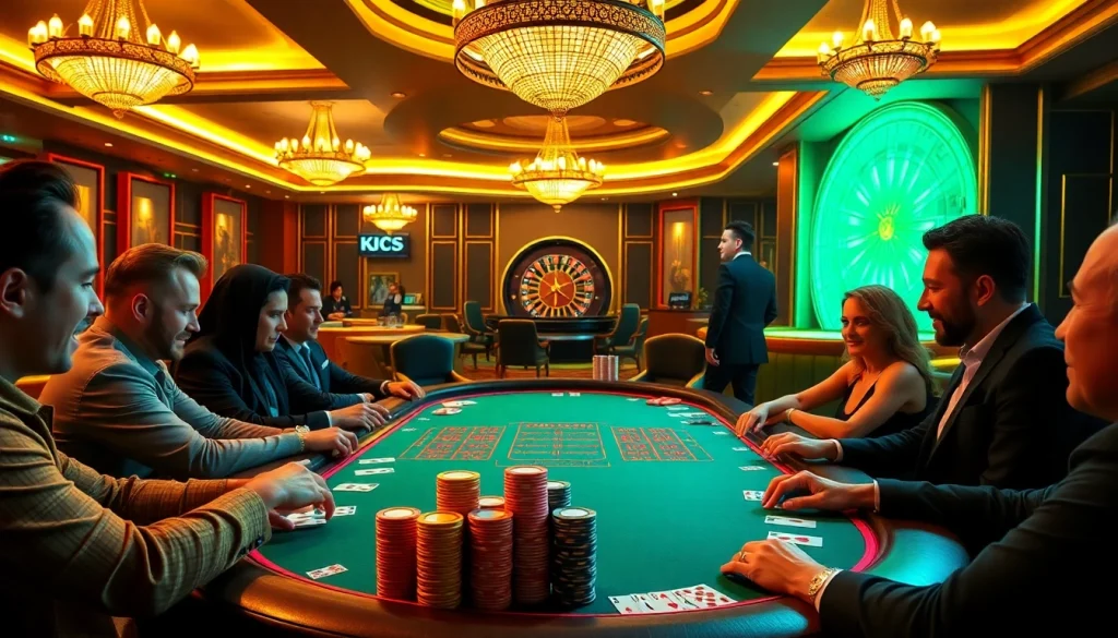 KJC gaming table filled with poker chips and players strategizing their next moves.