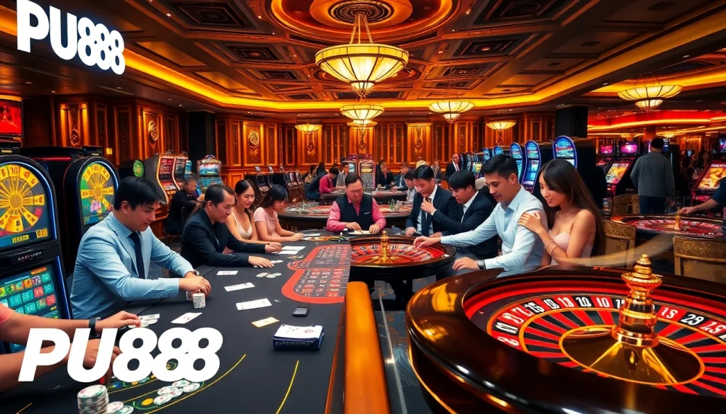 Players enjoying thrilling games at PU88, showcasing vibrant poker tables and exciting slot machines.
