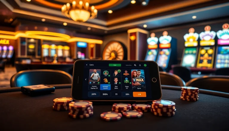 Experience thrilling high-stakes action at Vmax casino with poker tables and vibrant slot machines.