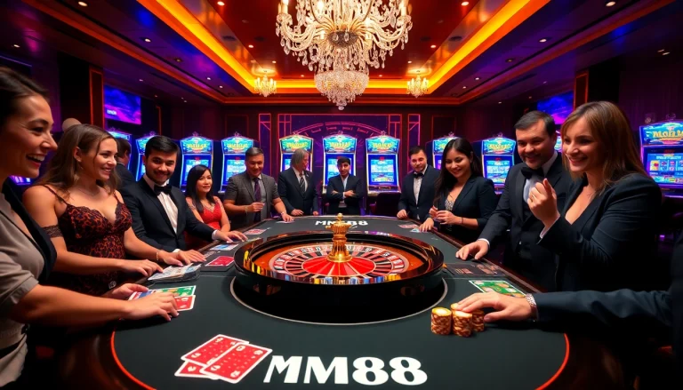 MM88 branded casino gaming table with players engaged in a thrilling game.