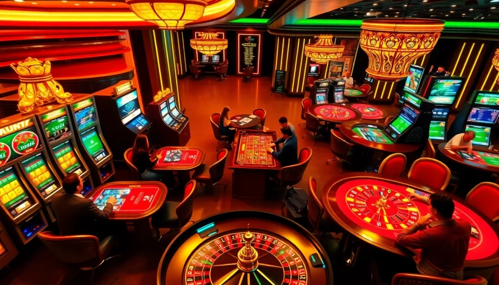 Penjudi menikmati momen mendebarkan di kasino mewah yang menampilkan mesin slot bertema birutoto dan rolet.