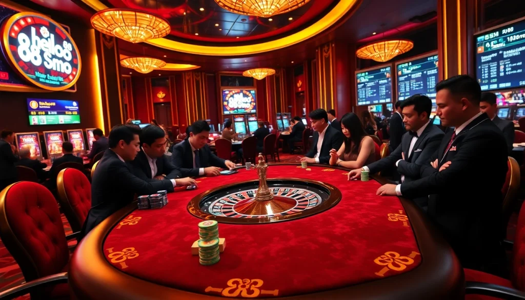 Hello88 casino gaming table with poker chips and a roulette wheel creating a luxurious atmosphere.