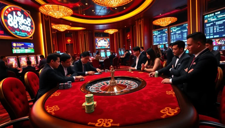 Hello88 casino gaming table with poker chips and a roulette wheel creating a luxurious atmosphere.