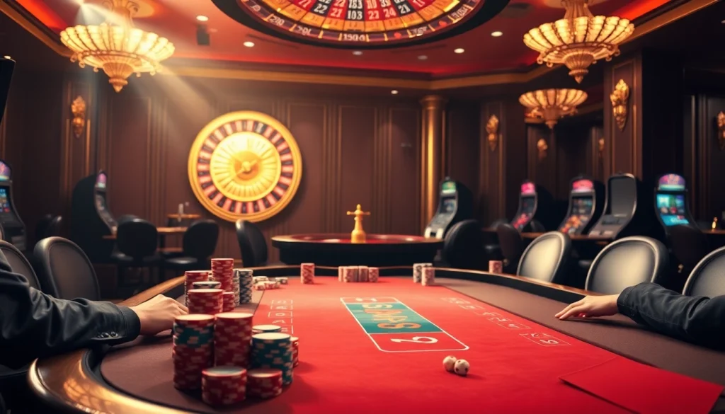 THABET casino scene featuring players at a poker table with vibrant chips and roulette wheel.