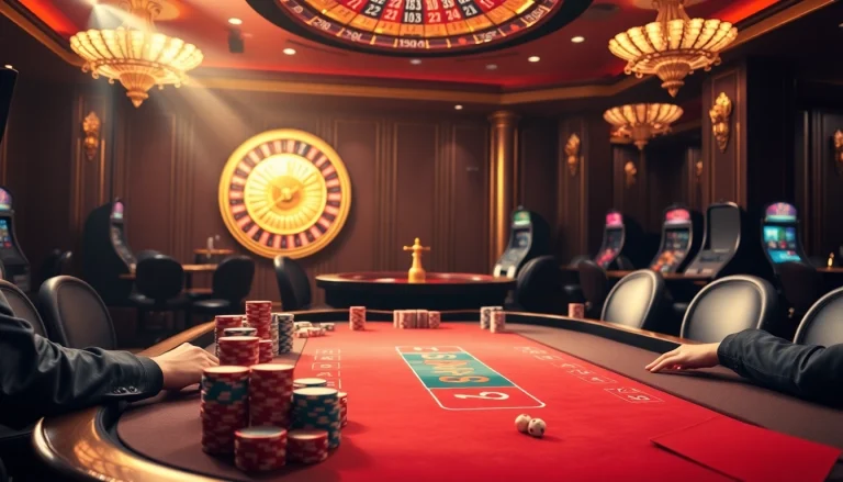 THABET casino scene featuring players at a poker table with vibrant chips and roulette wheel.