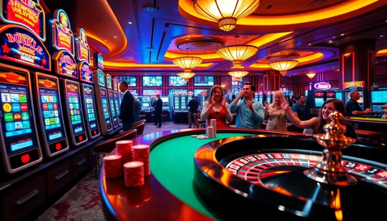 Players enjoying PG66 games at a vibrant casino with lively slot machines and excitement.