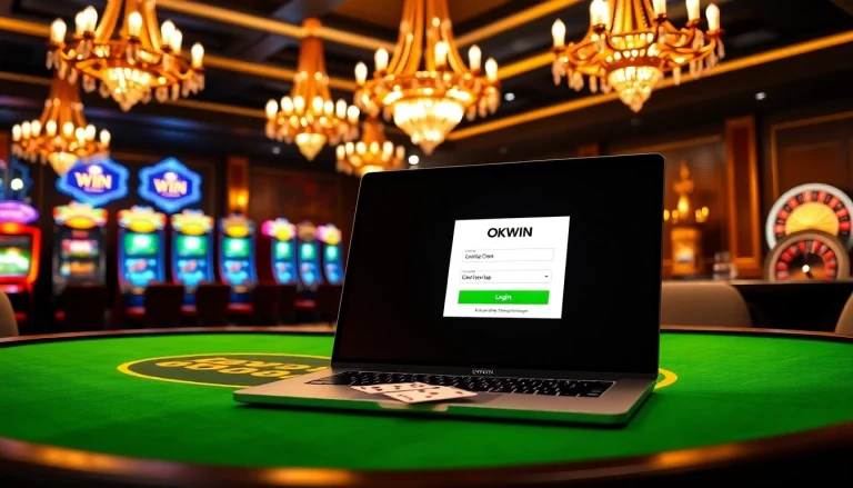 Engaging scene showcasing okwin đăng nhập on a sleek laptop surrounded by stylish casino elements.