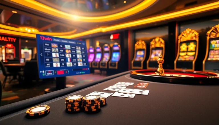 Experience the excitement of gambling with 13win’s luxurious casino environment, showcasing beautifully played cards and shining roulette wheels.