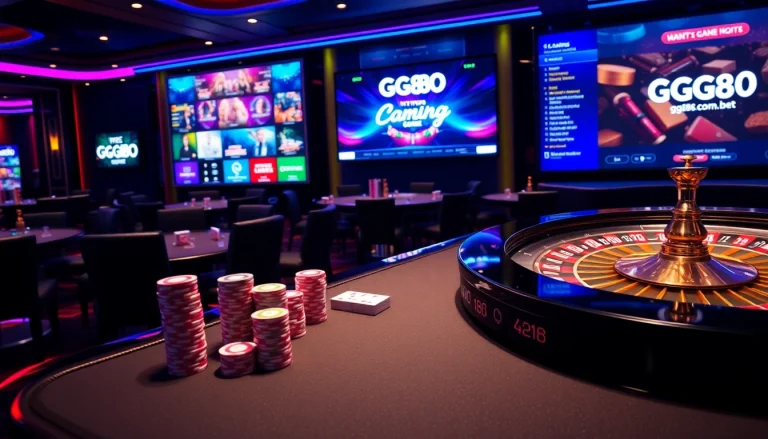 An exciting casino atmosphere featuring the online gambling interface from https://gg88com.bet, showcasing poker tables and roulette wheels, inviting players to join.