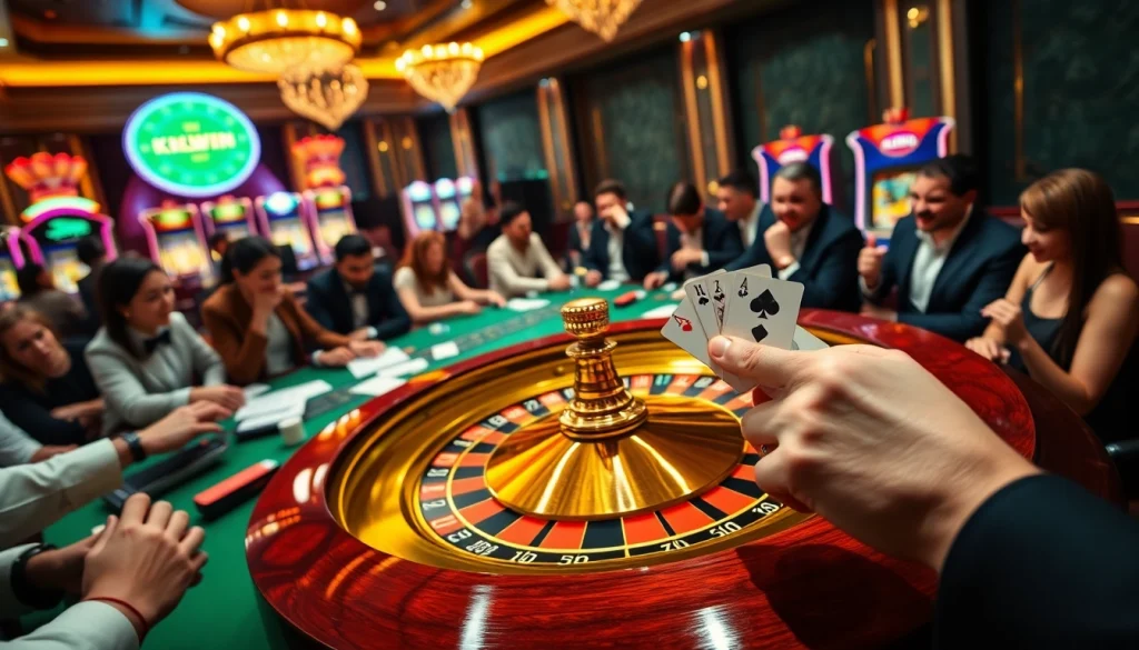 Experience the thrill of kkwin at an upscale casino table with players cheering their bets.