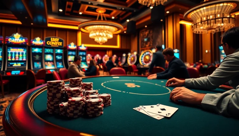 KJC high-stakes poker table showcasing players engaged in an exciting game of chance.
