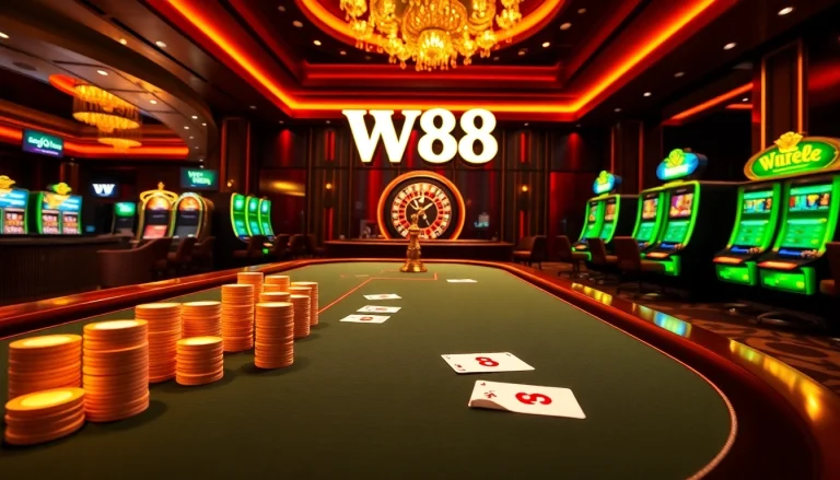 W88 online gambling table with professional poker players and vibrant slot machines in action.