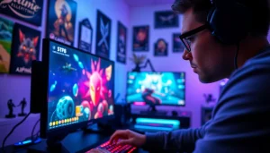 Bermain qq macan game di setup gaming modern dengan fokus tinggi.