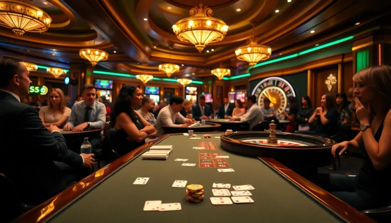 S8 casino excitement with players at a poker table and spinning roulette wheel in a vibrant atmosphere.