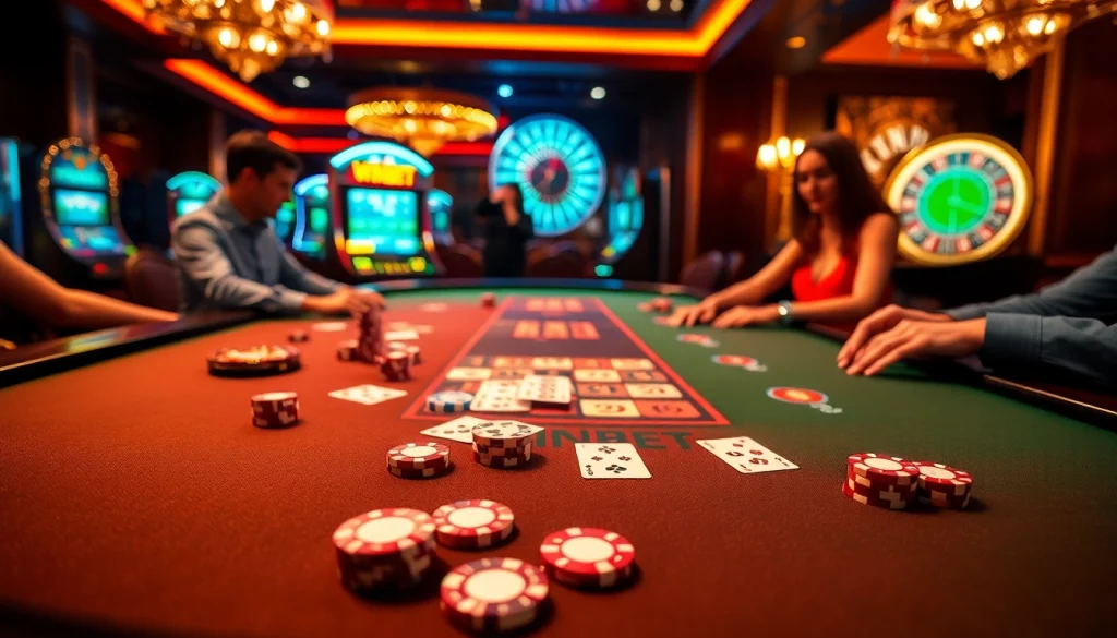 Experience the thrill of WINBET at an elegant casino table with players, cards, and vibrant chips.