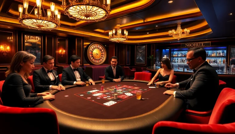 Players gamble excitingly at a poker table with nohu-themed décor, showcasing luxury and strategy.