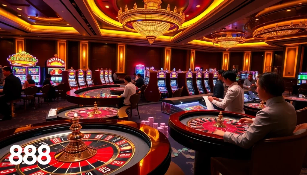 Experience the excitement of 888NEW casino with players engaging at tables and vibrant slot machines.