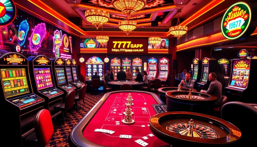Players enjoying a thrilling experience at https://777gapp.com.br casino with vibrant slot machines and poker tables.