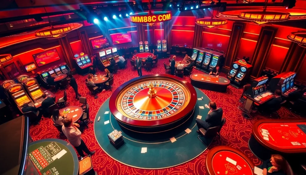 Exciting casino atmosphere showcasing MM88 COM with players engaged in roulette and poker games.