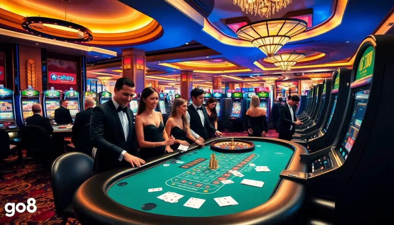 Players enjoying a vibrant casino scene at go8 with engaging table games and slot machines.