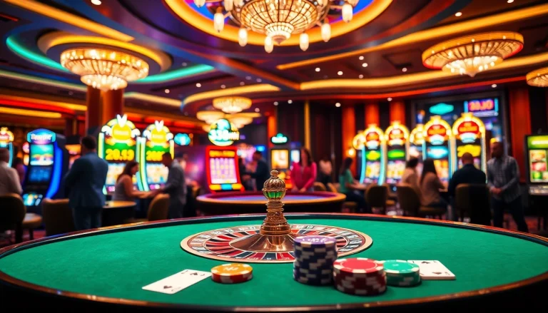 33win players celebrating wins at a lively casino with roulette and card tables.