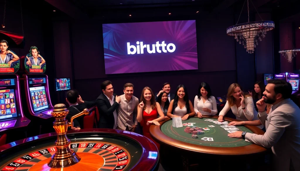 Players enjoying thrilling birutoto slot games in a vibrant casino atmosphere.