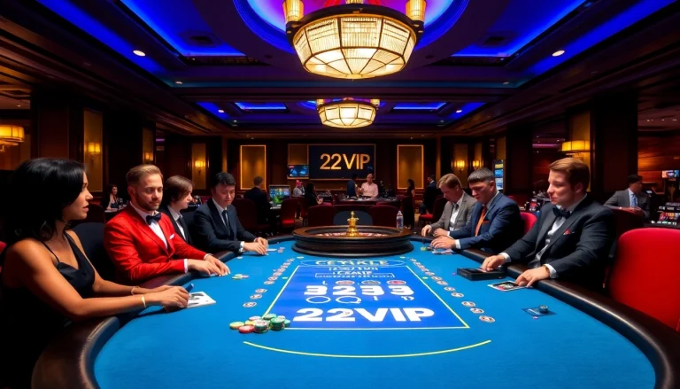 Players enjoying poker at 22VIP, exemplifying excitement and professionalism in a luxurious casino.