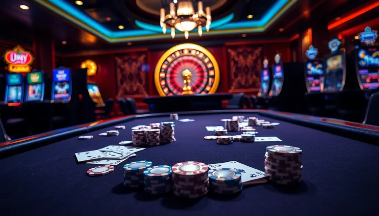KJC casino table bursting with high-stakes action and luxurious poker chips.