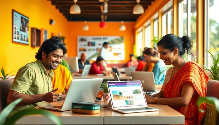 Lanka Add platform showcasing diverse users browsing ads online in a friendly atmosphere.