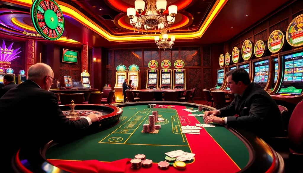 Experience the thrill of high-stakes gambling at XX88 with vibrant casino tables and engaged players.