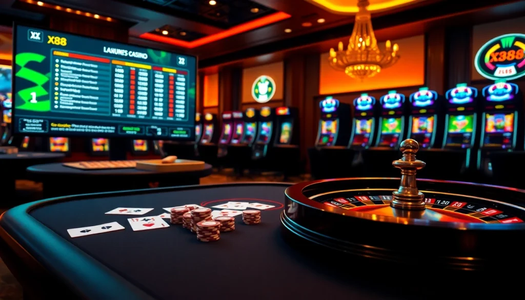 Experience thrilling gameplay at xx88 with a vibrant casino table and roulette wheel.