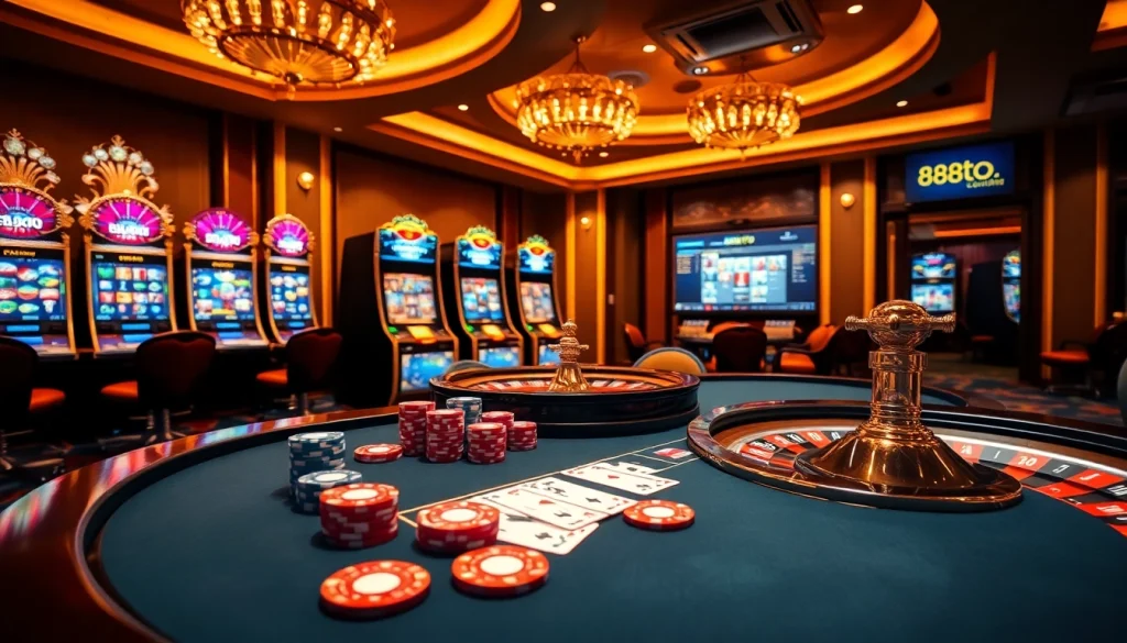 Engaging poker game at 888TO casino, showcasing chips and cards amidst a luxurious atmosphere.