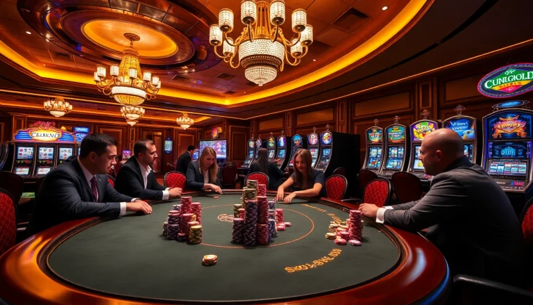 Experience C168 poker action as players strategize over colorful chips at an upscale casino table.