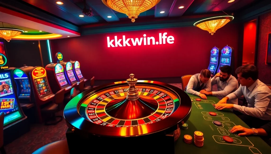 Exciting casino experience at https://kkwin.life/ with vibrant poker tables and roulette wheels.