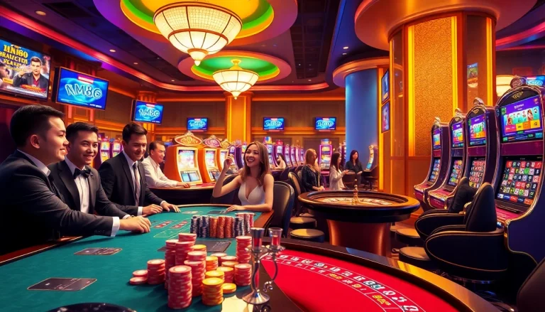 Players enjoy an exciting game at MM88, showcasing vibrant casino elements and luxury design.