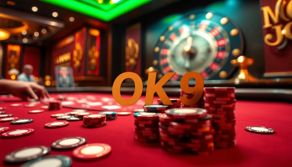Engaging scene of players enjoying the excitement of OK 9 poker, with chips and cards in play.