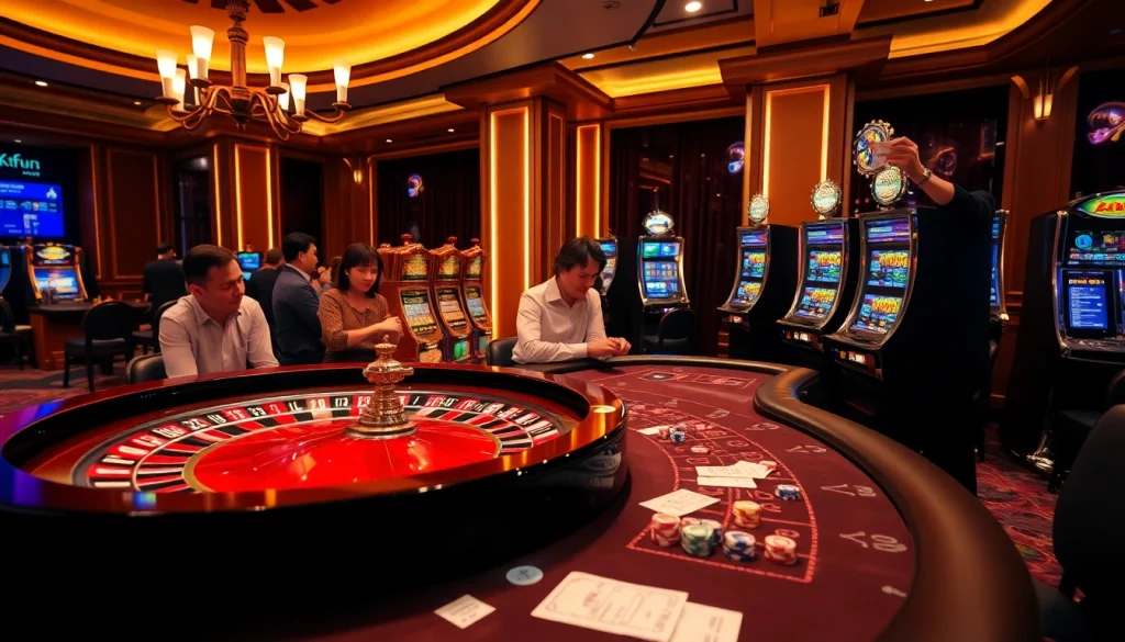 Experience the excitement of Okfun with players engaging at luxurious casino tables and vibrant slot machines.