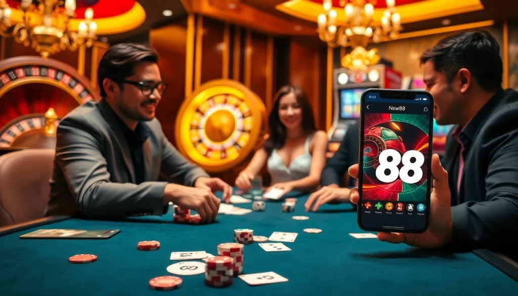 Players enjoying a thrilling game at the new88 casino with vibrant tables and engaging gambling action.