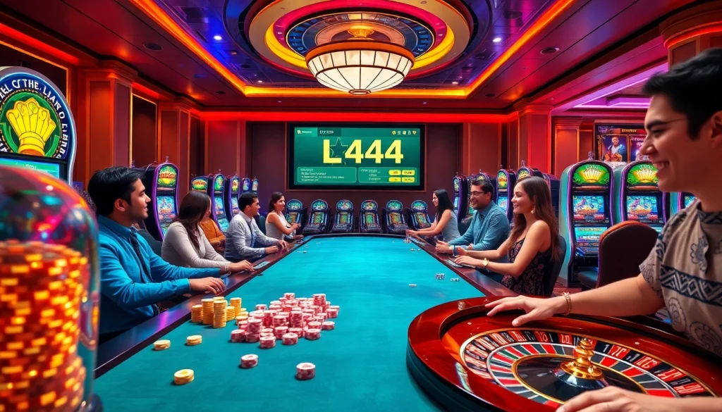 L444 Casino players enjoying fast-paced gaming with professional dealers and vibrant slot machines.