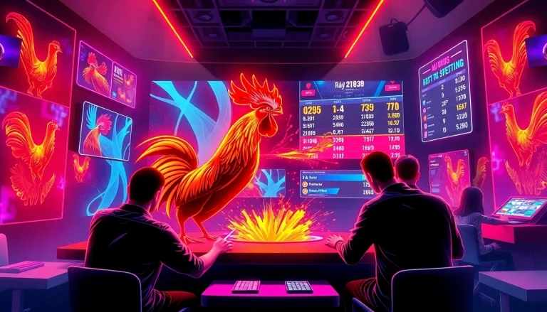 Experience the thrill of Đá Gà BJ38 with a vibrant online betting scene showcasing colorful rooster fights.