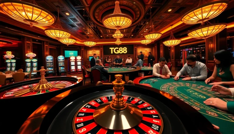 Engaging casino scene featuring Link vào TG88 text, poker table, and roulette wheel in a luxurious setting.