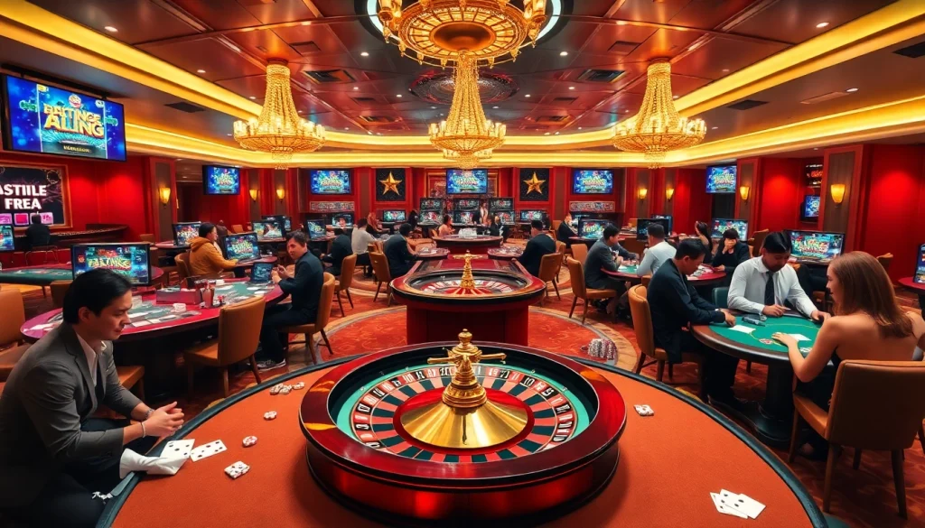 Experience the thrilling casino atmosphere with mm88 playing cards, chips, and a vibrant roulette wheel.