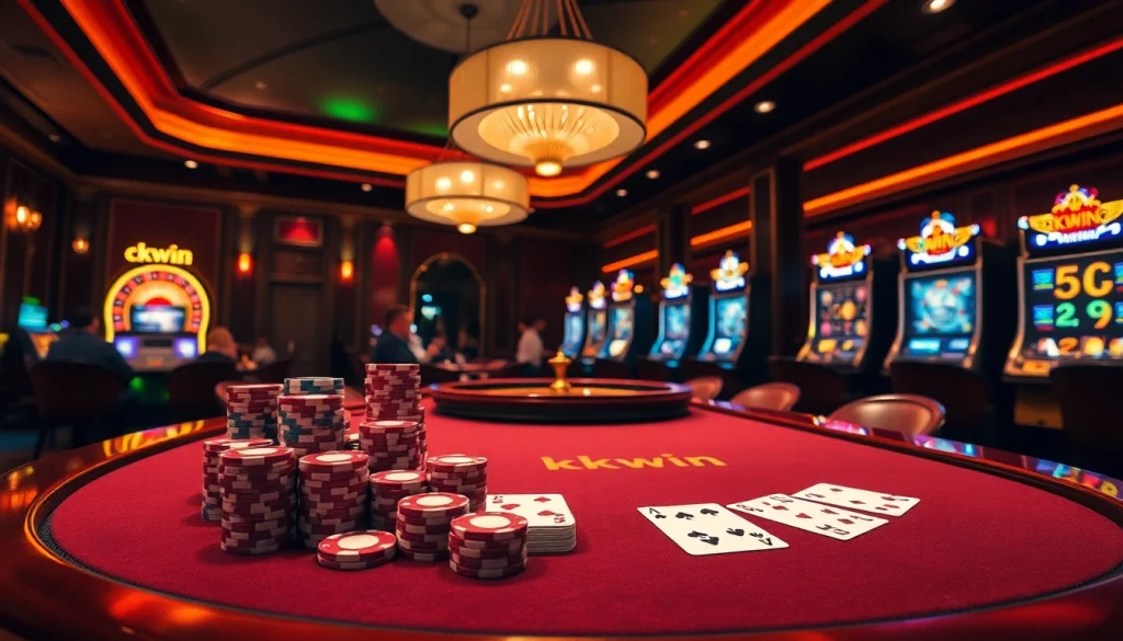 Engaged players enjoying a thrilling gambling experience at the kkwin casino table with vibrant poker chips and cards.